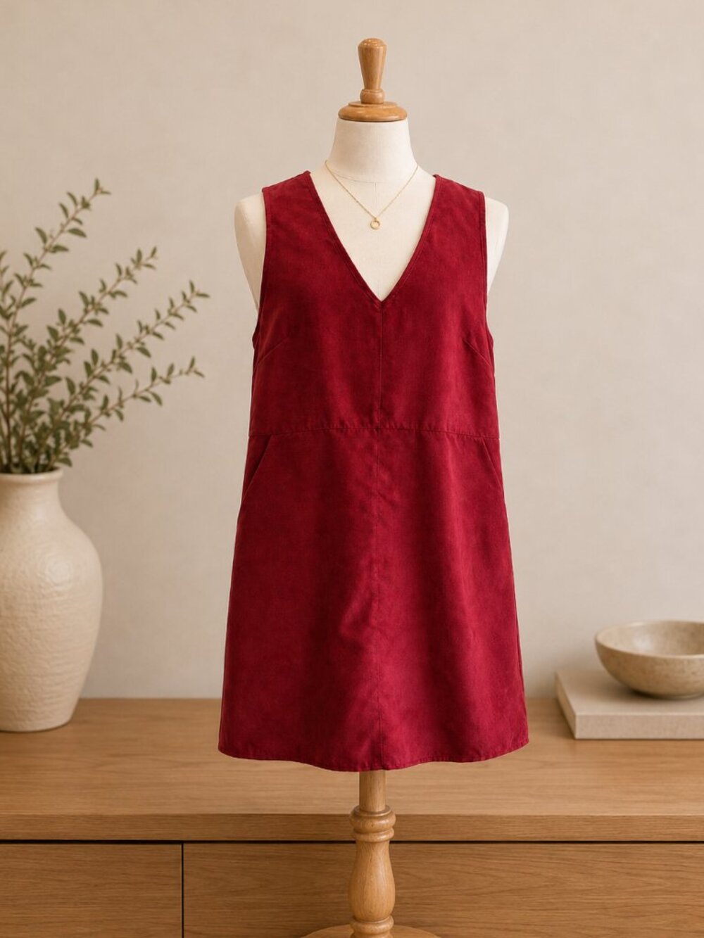 BCBG Faux Suede Shift Dress Size S Sleeveless V-Neck Mini Dress Cranberry